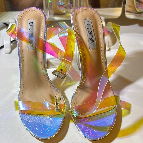 Cape Robbin Iridescent Strappy Heels with Clear Block Heel - Picture 2 of 4